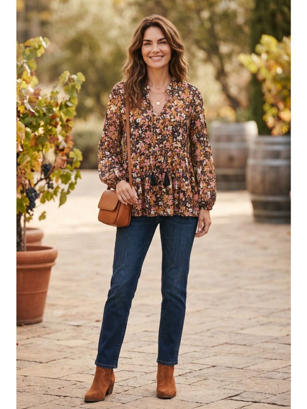 Grace + Karma Women's Large Floral Boho Tiered Blouse Cottagecore Tassel Tie NWT - Picture 2 of 7